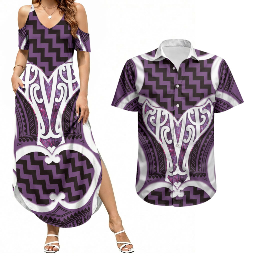 Aotearoa Atua Tangaroa Personalised Couples Matching Summer Maxi Dress and Hawaiian Shirt God Of The Sea Maori Whale Tail Purple