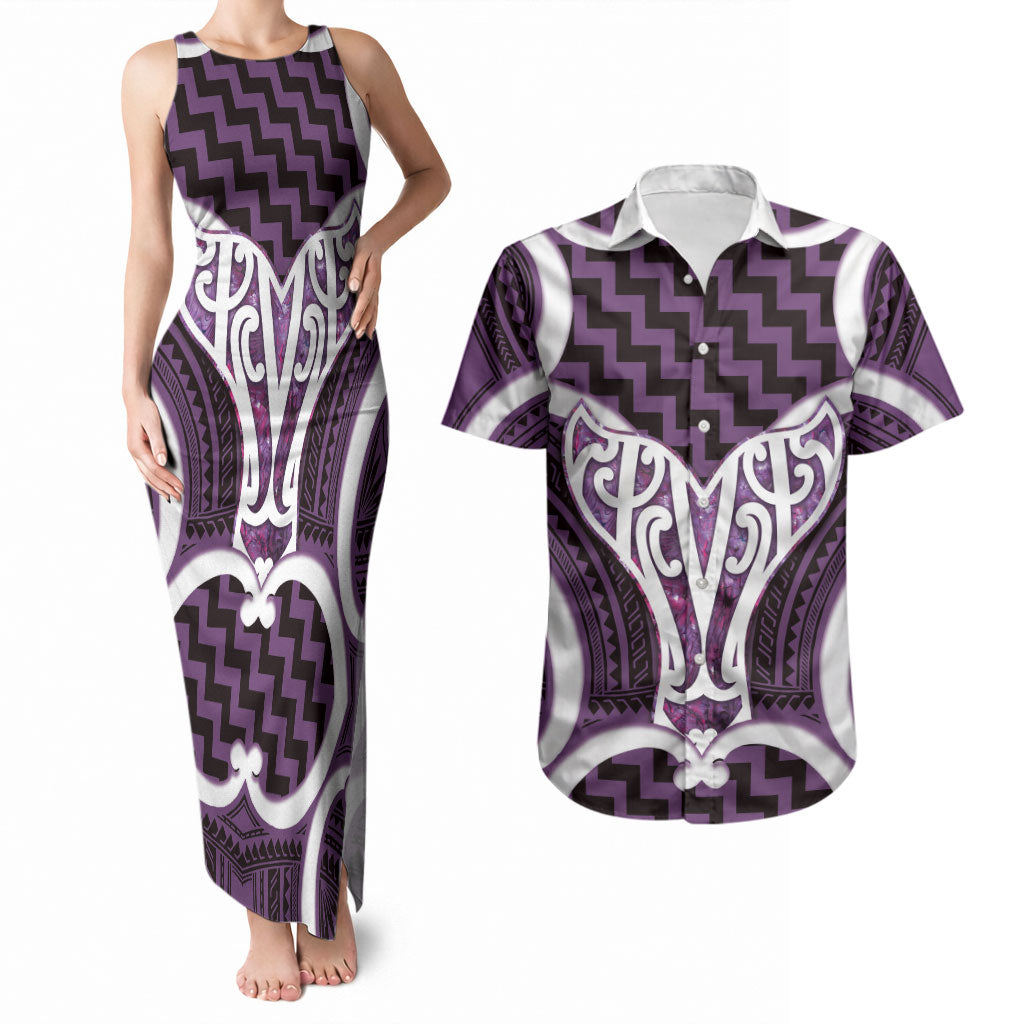 Aotearoa Atua Tangaroa Personalised Couples Matching Tank Maxi Dress and Hawaiian Shirt God Of The Sea Maori Whale Tail Purple