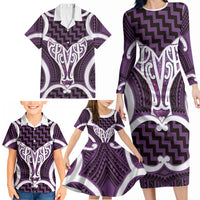 Aotearoa Atua Tangaroa Personalised Family Matching Long Sleeve Bodycon Dress and Hawaiian Shirt God Of The Sea Maori Whale Tail Purple