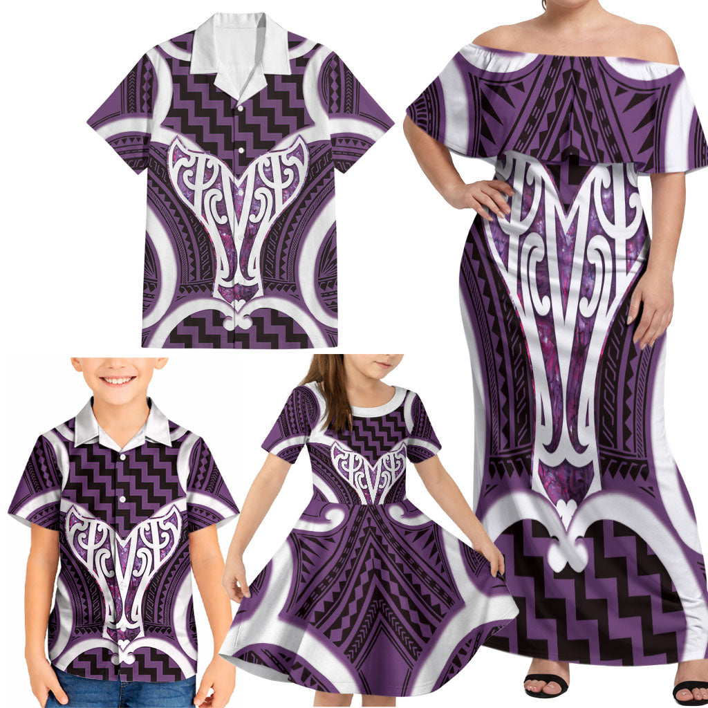Aotearoa Atua Tangaroa Personalised Family Matching Off Shoulder Maxi Dress and Hawaiian Shirt God Of The Sea Maori Whale Tail Purple