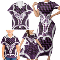 Aotearoa Atua Tangaroa Personalised Family Matching Short Sleeve Bodycon Dress and Hawaiian Shirt God Of The Sea Maori Whale Tail Purple