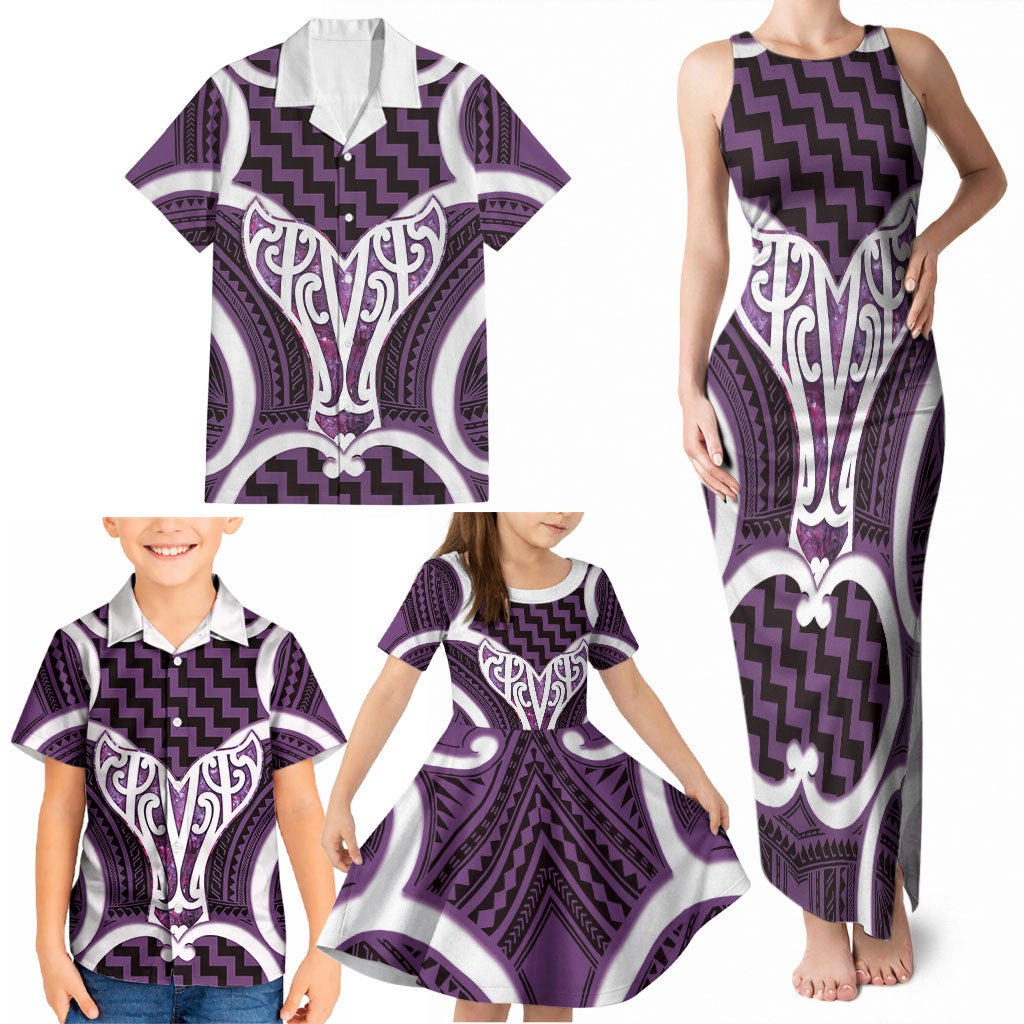 Aotearoa Atua Tangaroa Personalised Family Matching Tank Maxi Dress and Hawaiian Shirt God Of The Sea Maori Whale Tail Purple