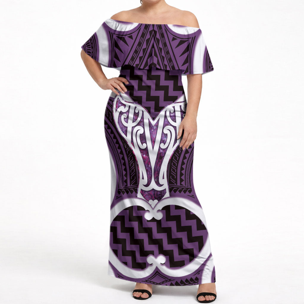 Aotearoa Atua Tangaroa Personalised Off Shoulder Maxi Dress God Of The Sea Maori Whale Tail Purple