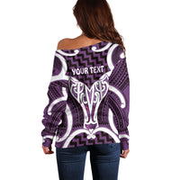 Aotearoa Atua Tangaroa Personalised Off Shoulder Sweater God Of The Sea Maori Whale Tail Purple