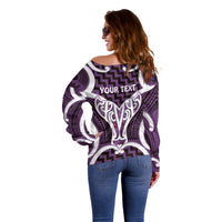Aotearoa Atua Tangaroa Personalised Off Shoulder Sweater God Of The Sea Maori Whale Tail Purple