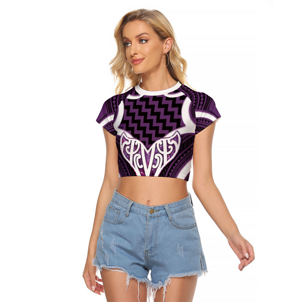 Aotearoa Atua Tangaroa Personalised Raglan Cropped T Shirt God Of The Sea Maori Whale Tail Purple