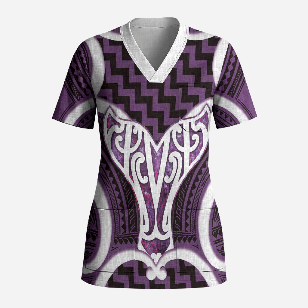 Aotearoa Atua Tangaroa Personalised Scrub Top God Of The Sea Maori Whale Tail Purple LT14 Adult Purple - Polynesian Pride