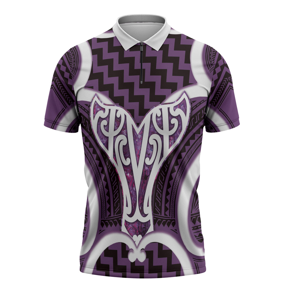 Aotearoa Atua Tangaroa Personalised Zipper Polo Shirt God Of The Sea Maori Whale Tail Purple