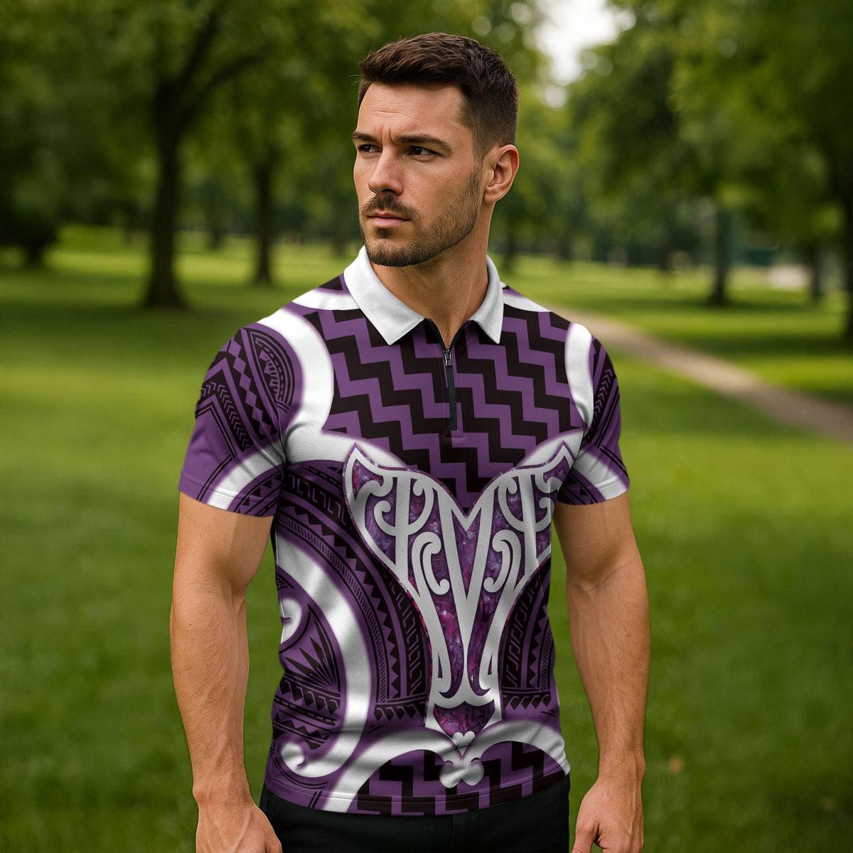 Aotearoa Atua Tangaroa Personalised Zipper Polo Shirt God Of The Sea Maori Whale Tail Purple