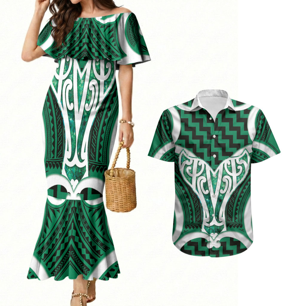 Aotearoa Atua Tangaroa Personalised Couples Matching Mermaid Dress and Hawaiian Shirt God Of The Sea Maori Whale Tail Green