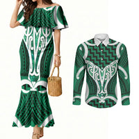 Aotearoa Atua Tangaroa Personalised Couples Matching Mermaid Dress and Long Sleeve Button Shirt God Of The Sea Maori Whale Tail Green