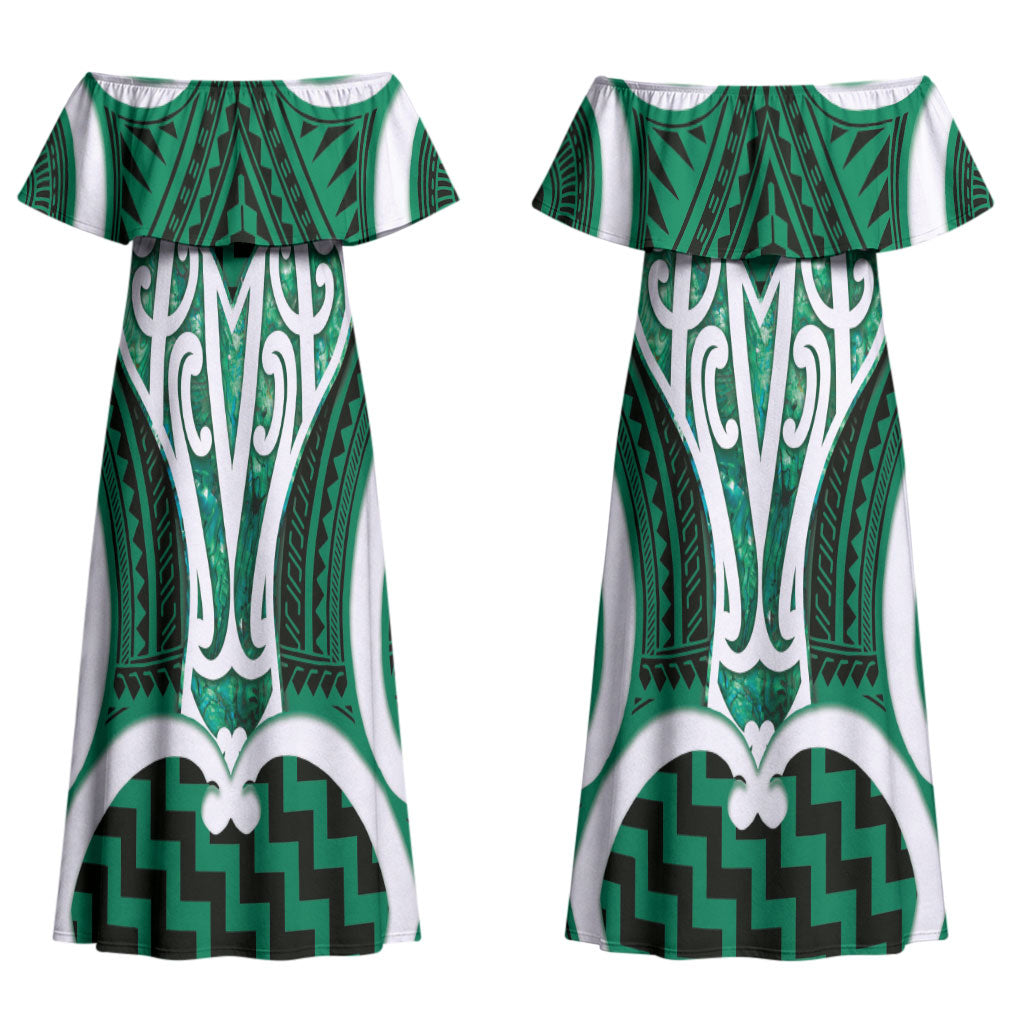 Aotearoa Atua Tangaroa Personalised Couples Matching Off Shoulder Maxi Dress and Long Sleeve Button Shirt God Of The Sea Maori Whale Tail Green