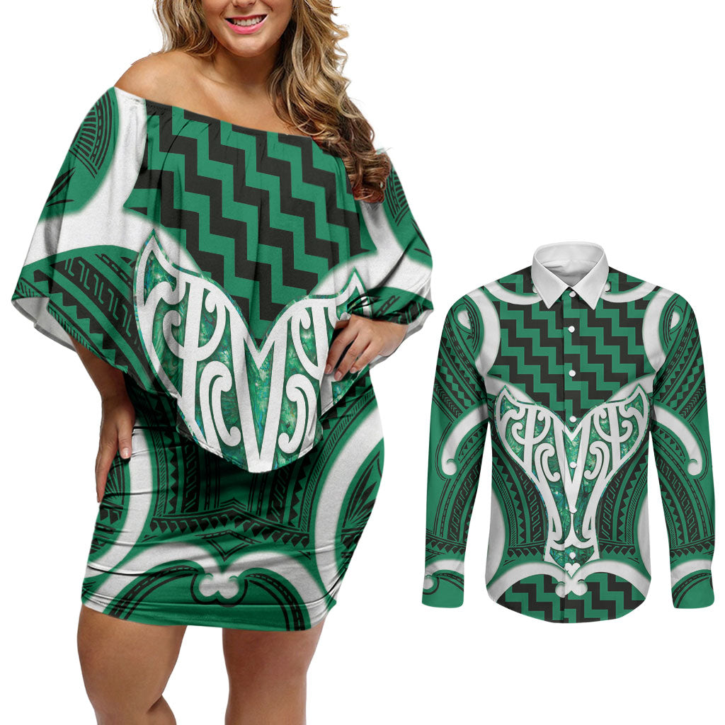 Aotearoa Atua Tangaroa Personalised Couples Matching Off Shoulder Short Dress and Long Sleeve Button Shirt God Of The Sea Maori Whale Tail Green