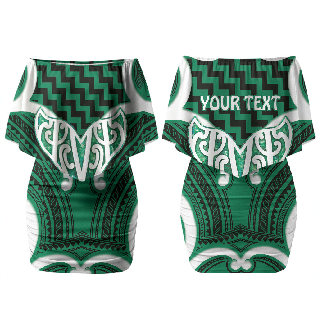 Aotearoa Atua Tangaroa Personalised Couples Matching Off Shoulder Short Dress and Long Sleeve Button Shirt God Of The Sea Maori Whale Tail Green