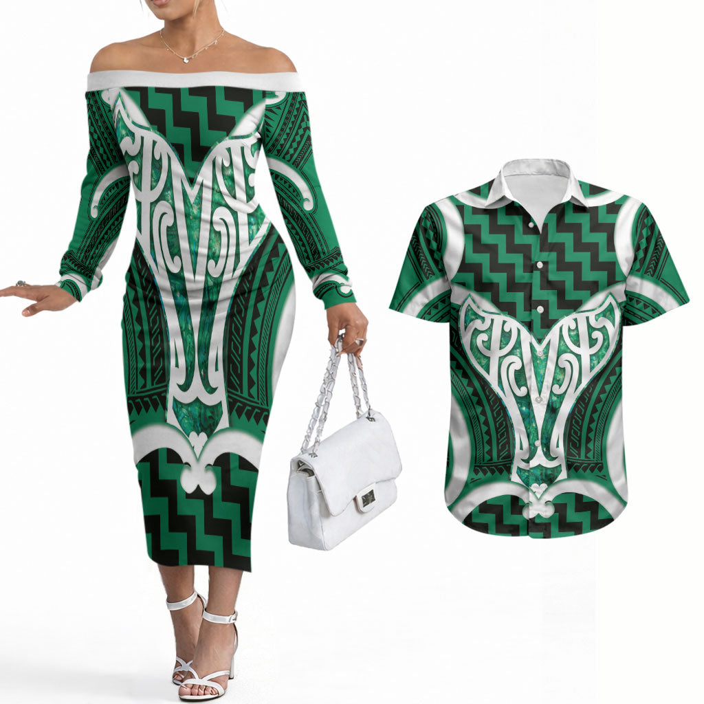 Aotearoa Atua Tangaroa Personalised Couples Matching Off The Shoulder Long Sleeve Dress and Hawaiian Shirt God Of The Sea Maori Whale Tail Green