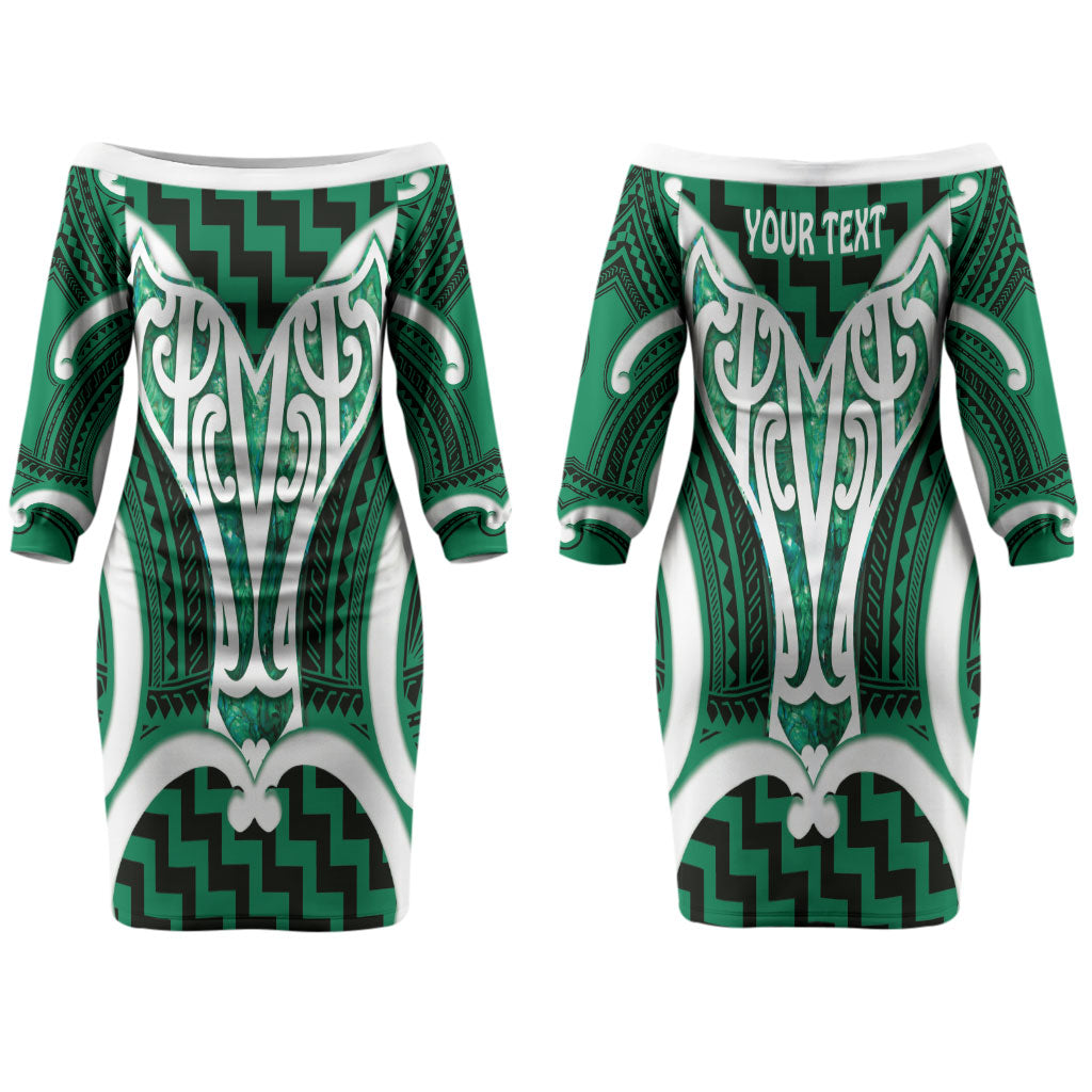 Aotearoa Atua Tangaroa Personalised Couples Matching Off The Shoulder Long Sleeve Dress and Hawaiian Shirt God Of The Sea Maori Whale Tail Green
