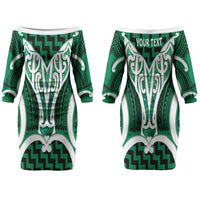 Aotearoa Atua Tangaroa Personalised Couples Matching Off The Shoulder Long Sleeve Dress and Hawaiian Shirt God Of The Sea Maori Whale Tail Green