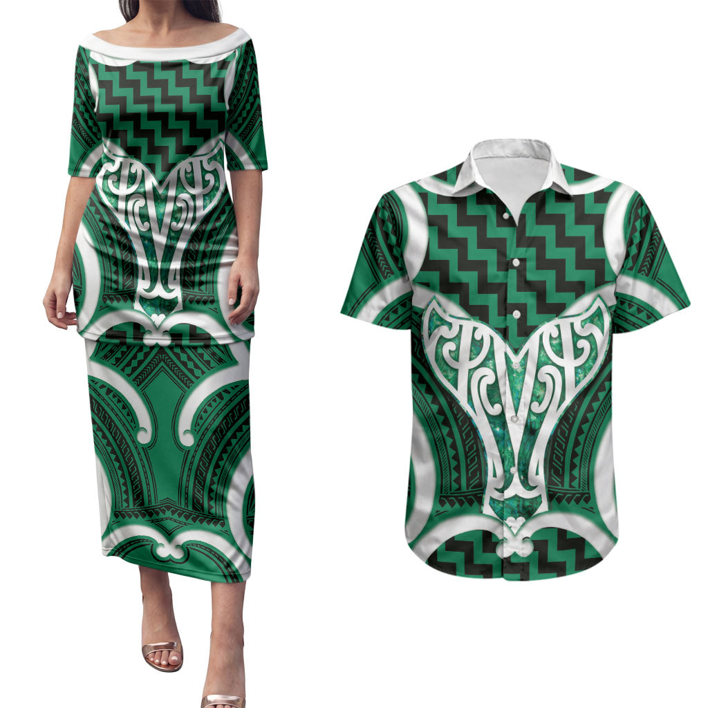 Aotearoa Atua Tangaroa Personalised Couples Matching Puletasi and Hawaiian Shirt God Of The Sea Maori Whale Tail Green