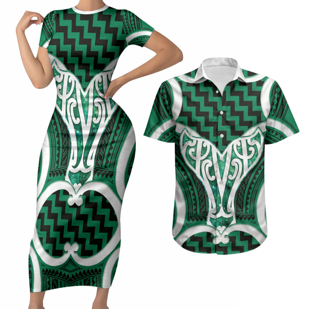 Aotearoa Atua Tangaroa Personalised Couples Matching Short Sleeve Bodycon Dress and Hawaiian Shirt God Of The Sea Maori Whale Tail Green
