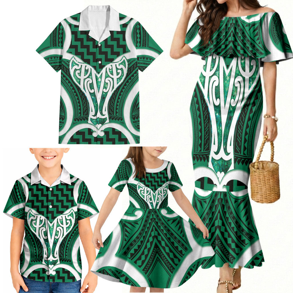 Aotearoa Atua Tangaroa Personalised Family Matching Mermaid Dress and Hawaiian Shirt God Of The Sea Maori Whale Tail Green