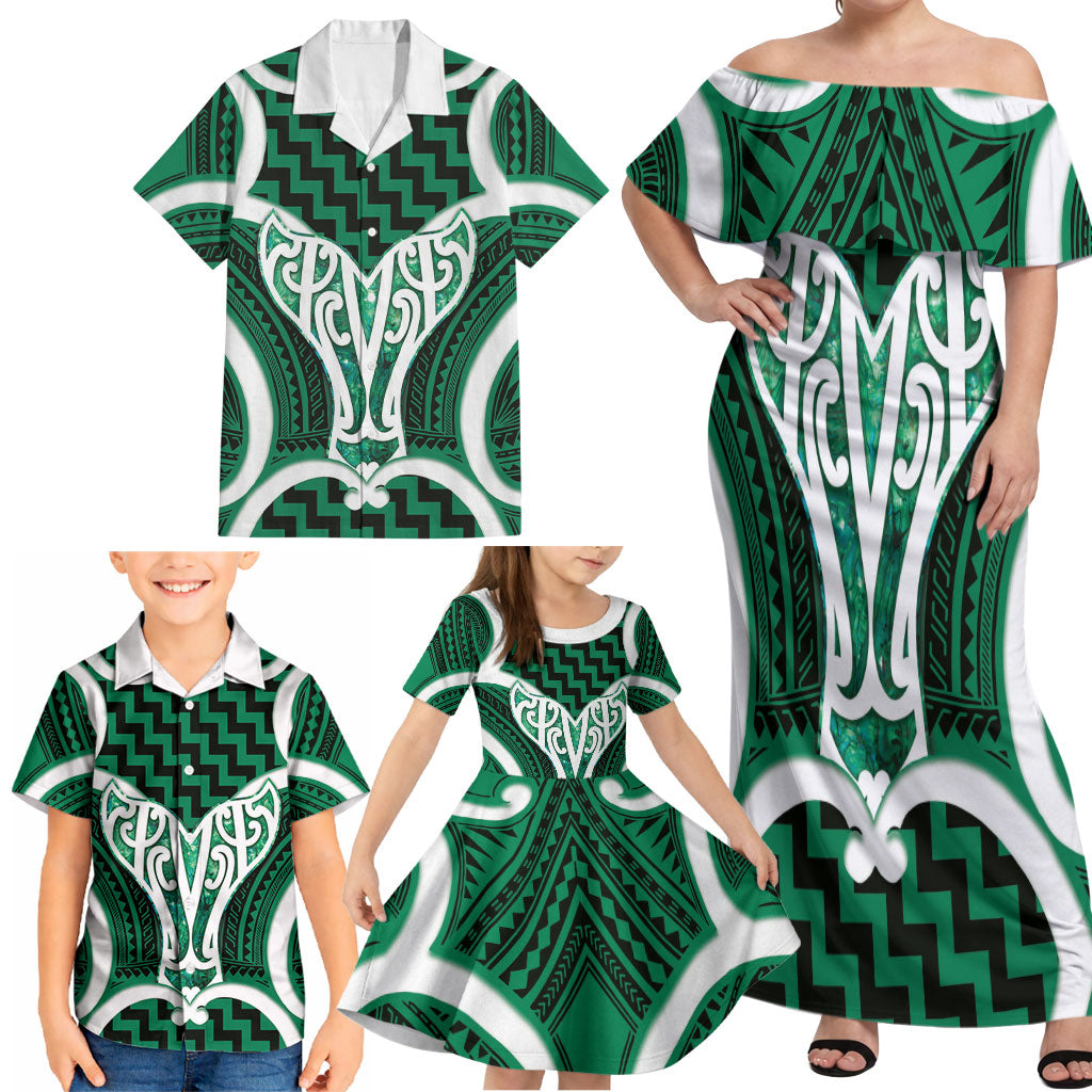 Aotearoa Atua Tangaroa Personalised Family Matching Off Shoulder Maxi Dress and Hawaiian Shirt God Of The Sea Maori Whale Tail Green