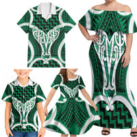Aotearoa Atua Tangaroa Personalised Family Matching Off Shoulder Maxi Dress and Hawaiian Shirt God Of The Sea Maori Whale Tail Green