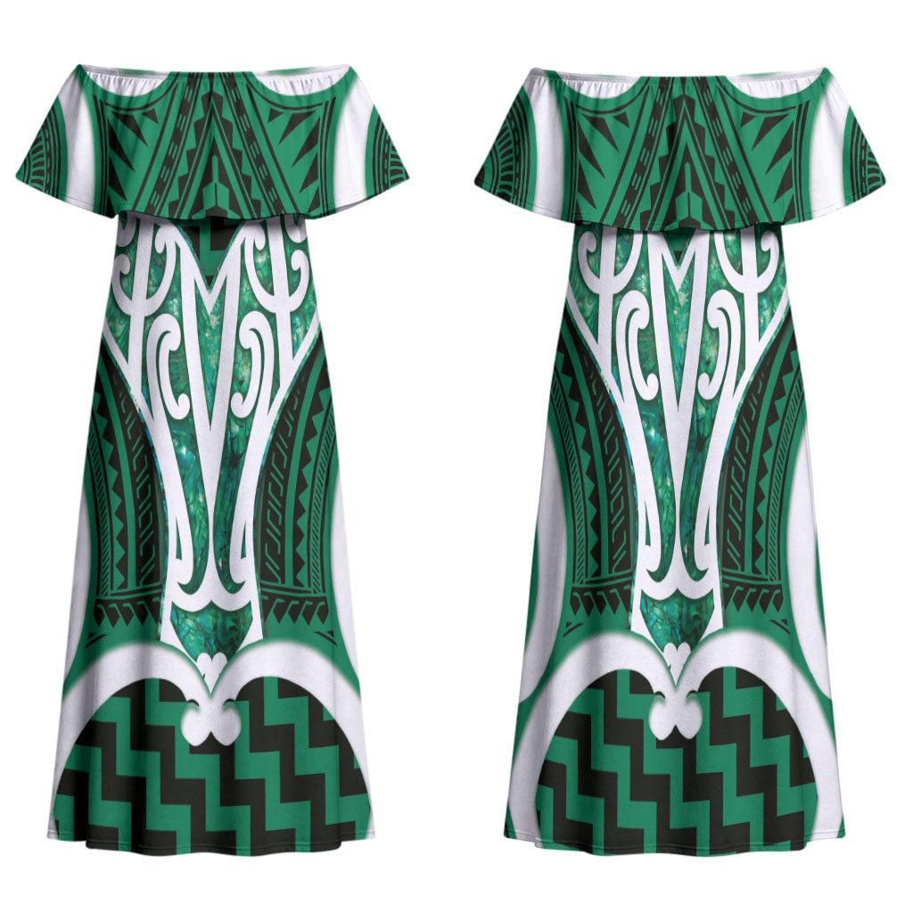 Aotearoa Atua Tangaroa Personalised Family Matching Off Shoulder Maxi Dress and Hawaiian Shirt God Of The Sea Maori Whale Tail Green