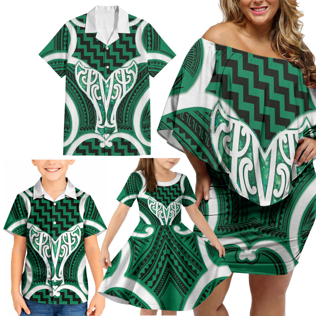 Aotearoa Atua Tangaroa Personalised Family Matching Off Shoulder Short Dress and Hawaiian Shirt God Of The Sea Maori Whale Tail Green