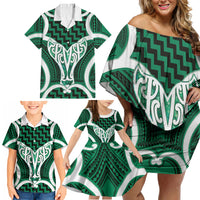 Aotearoa Atua Tangaroa Personalised Family Matching Off Shoulder Short Dress and Hawaiian Shirt God Of The Sea Maori Whale Tail Green