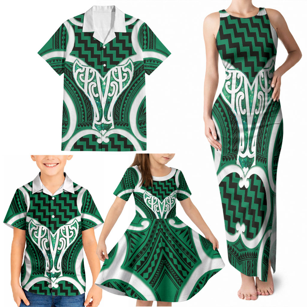 Aotearoa Atua Tangaroa Personalised Family Matching Tank Maxi Dress and Hawaiian Shirt God Of The Sea Maori Whale Tail Green