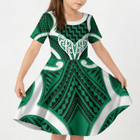 Aotearoa Atua Tangaroa Personalised Kid Short Sleeve Dress God Of The Sea Maori Whale Tail Green