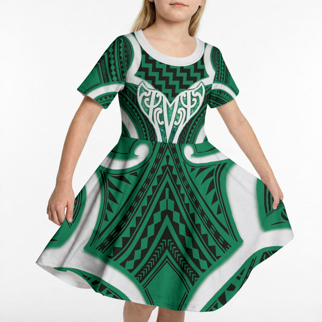 Aotearoa Atua Tangaroa Personalised Kid Short Sleeve Dress God Of The Sea Maori Whale Tail Green