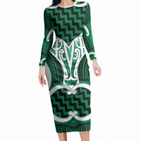 Aotearoa Atua Tangaroa Personalised Long Sleeve Bodycon Dress God Of The Sea Maori Whale Tail Green