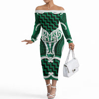 Aotearoa Atua Tangaroa Personalised Off The Shoulder Long Sleeve Dress God Of The Sea Maori Whale Tail Green