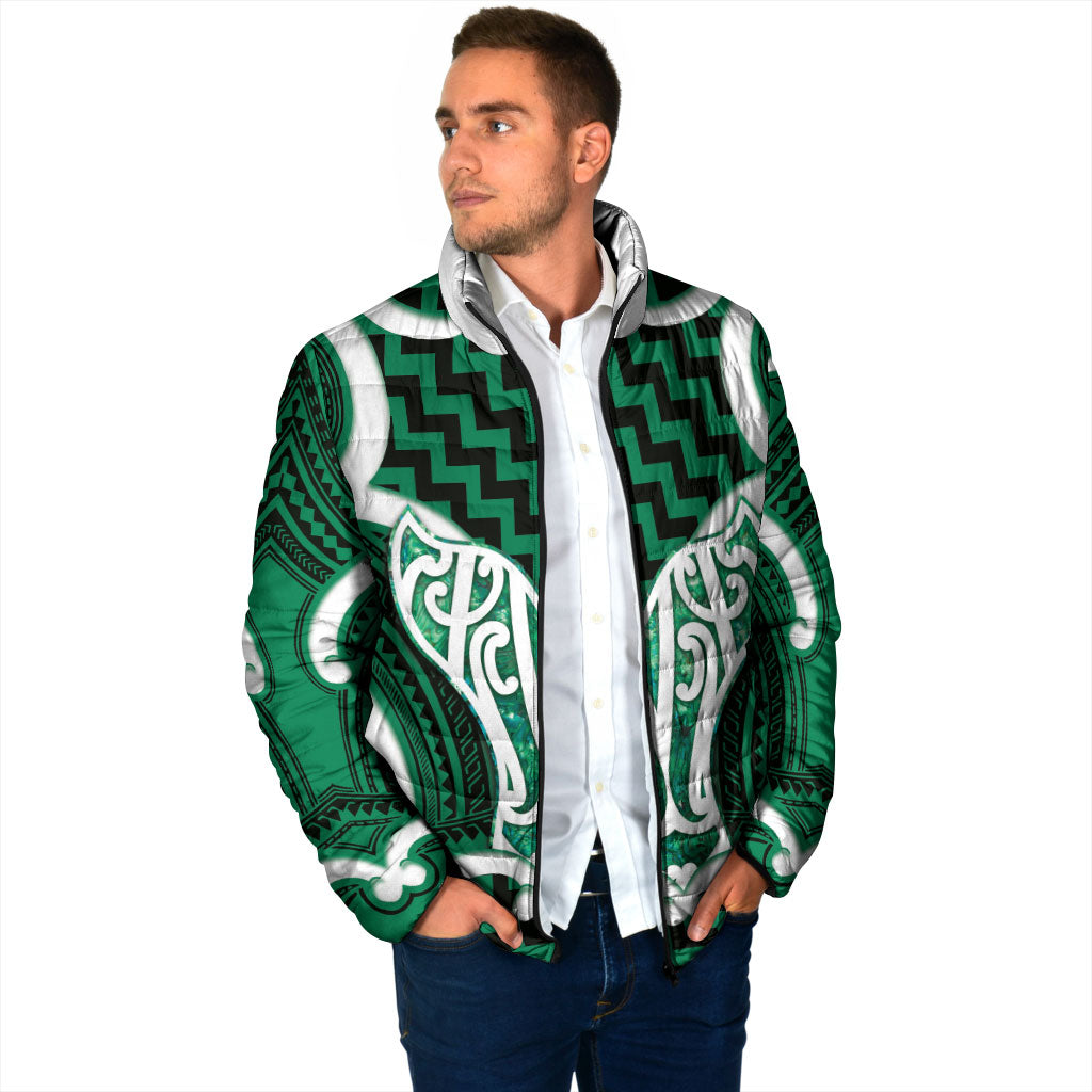 Aotearoa Atua Tangaroa Personalised Padded Jacket God Of The Sea Maori Whale Tail Green