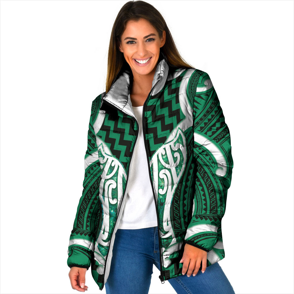 Aotearoa Atua Tangaroa Personalised Padded Jacket God Of The Sea Maori Whale Tail Green