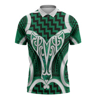 Aotearoa Atua Tangaroa Personalised Zipper Polo Shirt God Of The Sea Maori Whale Tail Green