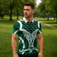 Aotearoa Atua Tangaroa Personalised Zipper Polo Shirt God Of The Sea Maori Whale Tail Green