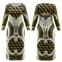 Aotearoa Atua Tangaroa Personalised Couples Matching Long Sleeve Bodycon Dress and Hawaiian Shirt God Of The Sea Maori Whale Tail Yellow