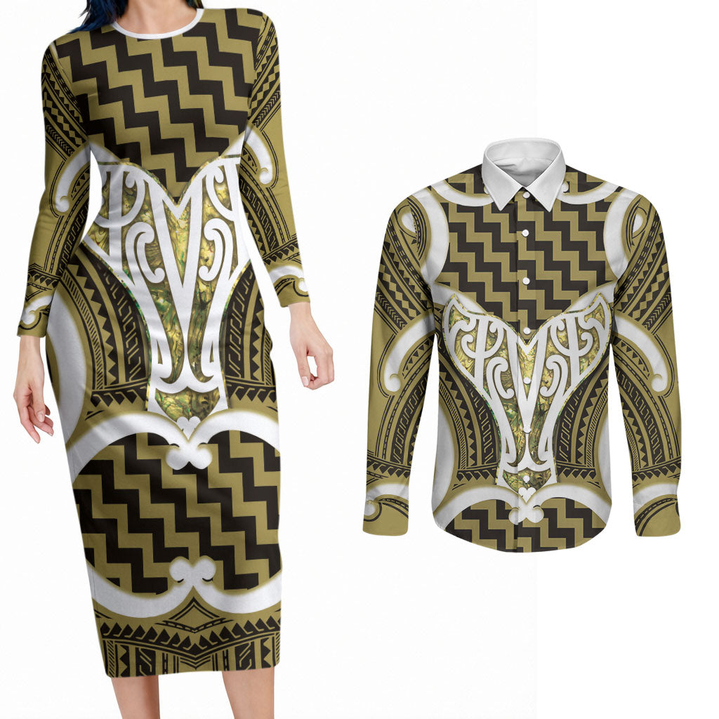 Aotearoa Atua Tangaroa Personalised Couples Matching Long Sleeve Bodycon Dress and Long Sleeve Button Shirt God Of The Sea Maori Whale Tail Yellow