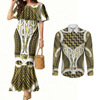 Aotearoa Atua Tangaroa Personalised Couples Matching Mermaid Dress and Long Sleeve Button Shirt God Of The Sea Maori Whale Tail Yellow