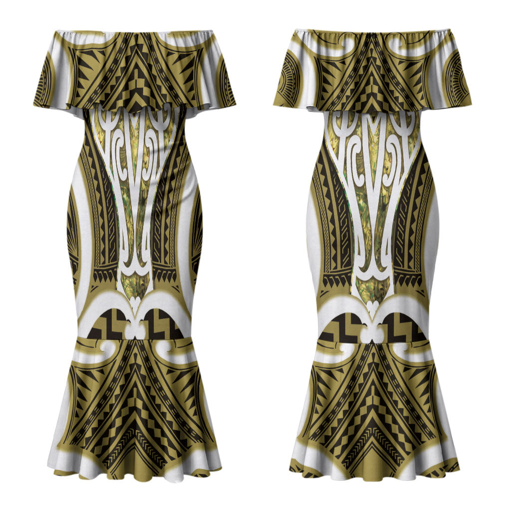 Aotearoa Atua Tangaroa Personalised Couples Matching Mermaid Dress and Long Sleeve Button Shirt God Of The Sea Maori Whale Tail Yellow