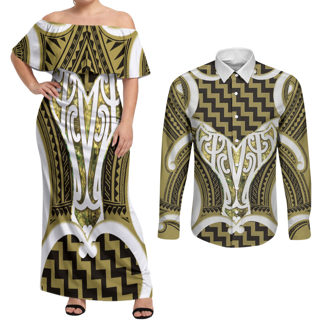 Aotearoa Atua Tangaroa Personalised Couples Matching Off Shoulder Maxi Dress and Long Sleeve Button Shirt God Of The Sea Maori Whale Tail Yellow