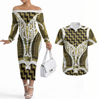Aotearoa Atua Tangaroa Personalised Couples Matching Off The Shoulder Long Sleeve Dress and Hawaiian Shirt God Of The Sea Maori Whale Tail Yellow