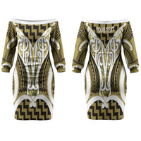 Aotearoa Atua Tangaroa Personalised Couples Matching Off The Shoulder Long Sleeve Dress and Long Sleeve Button Shirt God Of The Sea Maori Whale Tail Yellow
