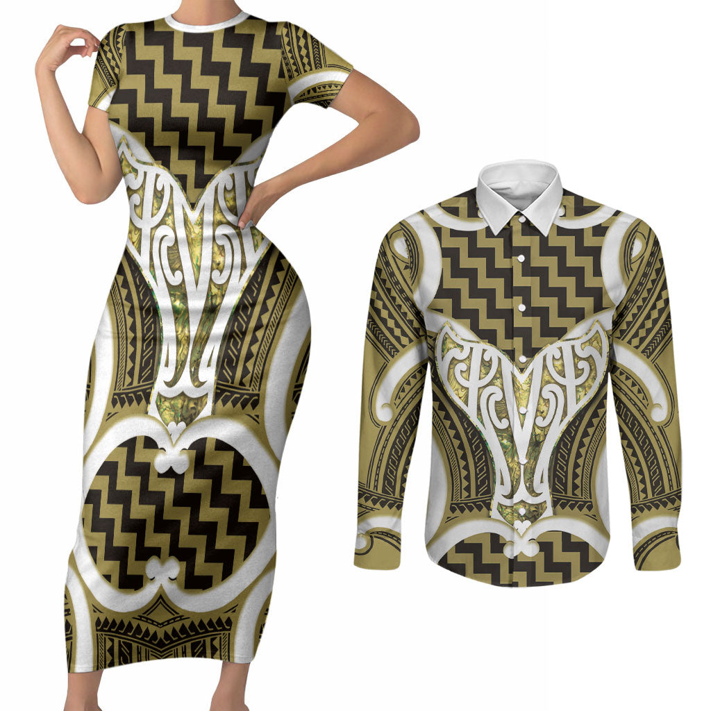 Aotearoa Atua Tangaroa Personalised Couples Matching Short Sleeve Bodycon Dress and Long Sleeve Button Shirt God Of The Sea Maori Whale Tail Yellow
