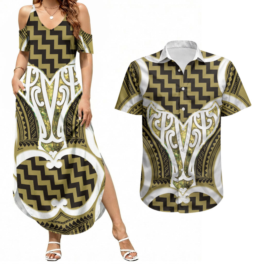 Aotearoa Atua Tangaroa Personalised Couples Matching Summer Maxi Dress and Hawaiian Shirt God Of The Sea Maori Whale Tail Yellow
