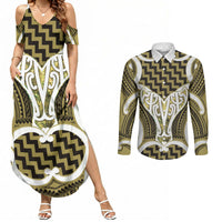Aotearoa Atua Tangaroa Personalised Couples Matching Summer Maxi Dress and Long Sleeve Button Shirt God Of The Sea Maori Whale Tail Yellow