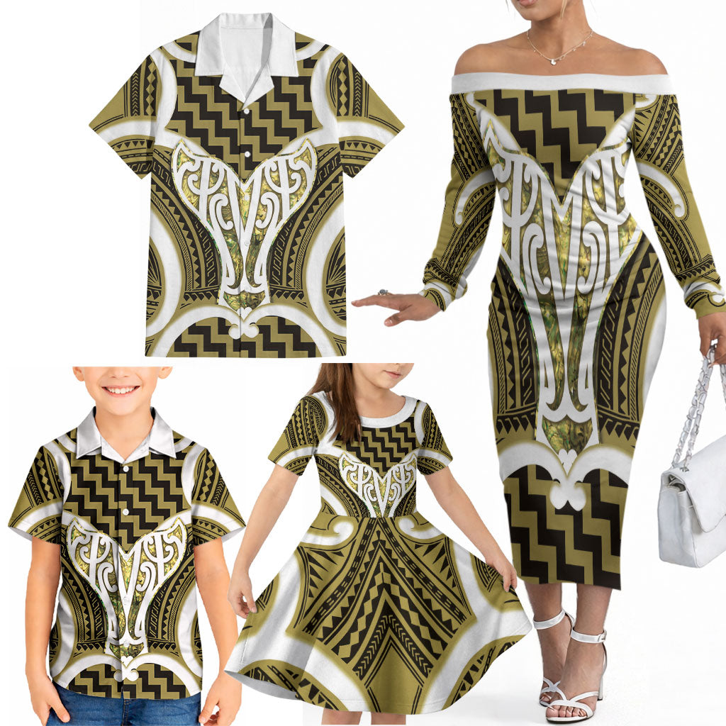 Aotearoa Atua Tangaroa Personalised Family Matching Off The Shoulder Long Sleeve Dress and Hawaiian Shirt God Of The Sea Maori Whale Tail Yellow