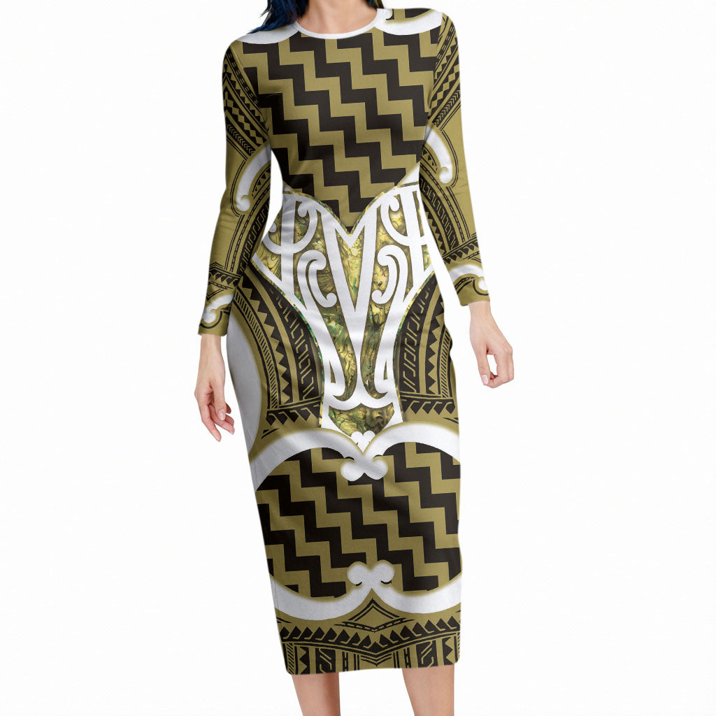 Aotearoa Atua Tangaroa Personalised Long Sleeve Bodycon Dress God Of The Sea Maori Whale Tail Yellow